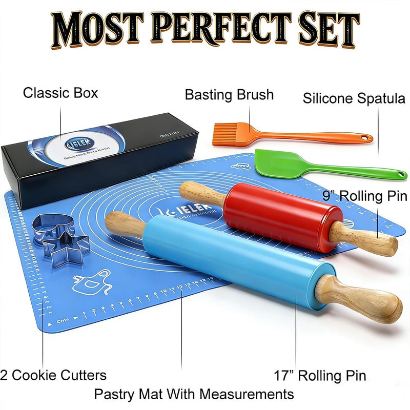 IELEK Non-Stick Rolling Pin Silicone Basting Pastry Mat Spatula Brushes Set:Combo Kit of Large and Small Dough Rollers and 2 Stainless Steel Cookie Cutters for Baking - Image 4
